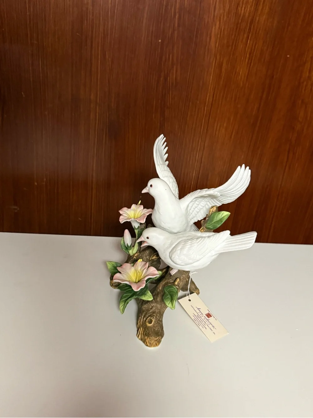 Home Interiors Vintage Porcelain White Dove Figurine with Pink Flowers